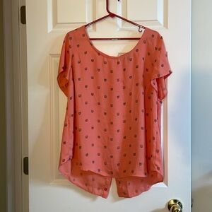 Semi-sheer coral button back top with owls.